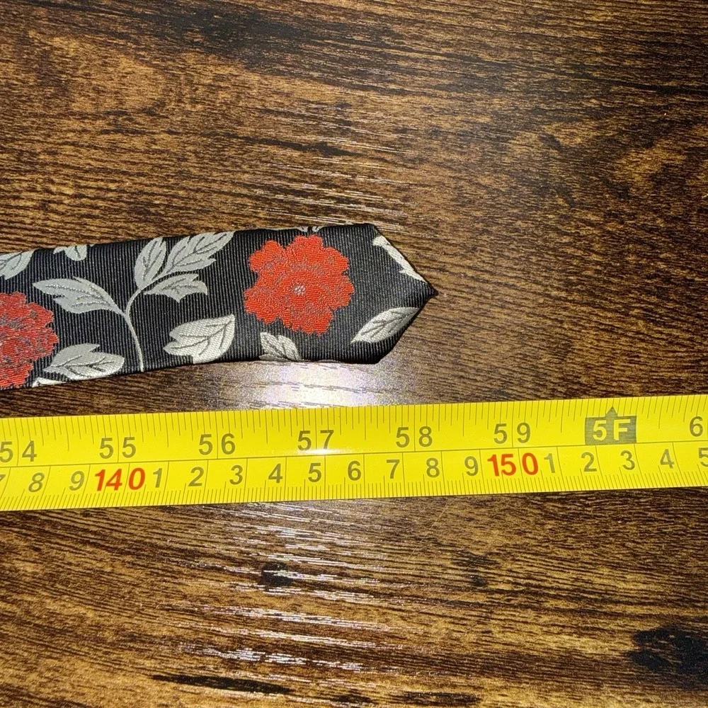 Hi-Tie Black Red Floral Tie Pocket‎ Square Set Mens Necktie Gray Leaf Slim